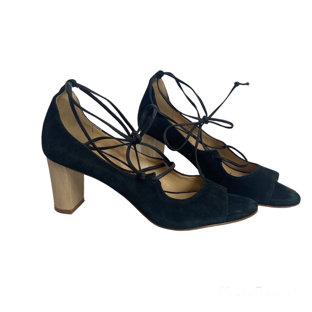 Talbots Suede Lace Up Wooden Heel Peep Toe Pump‎ Black Women's sz 7